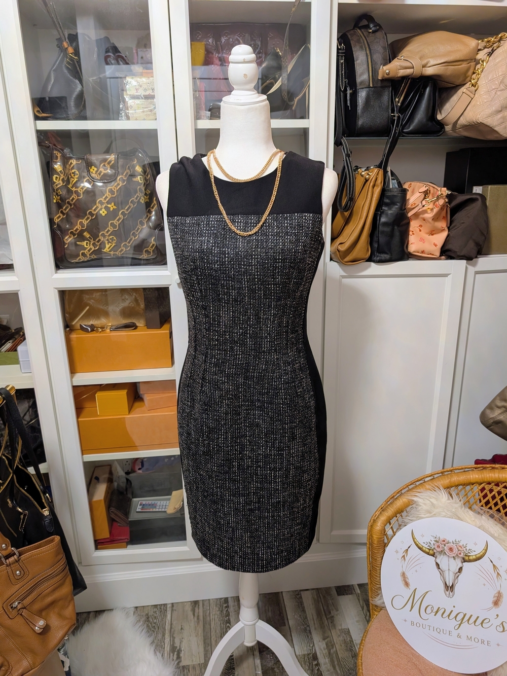 Tahari Black Tweed Sheath Dress with Paneling